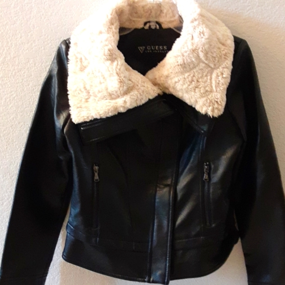 Guess Moto Faux Leather Faux Fur Collar Womens Jacket Size S